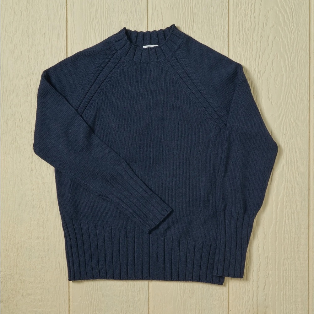 Blue Crew Neck Sweater with Ribbed Knit and Raglan Sleeves